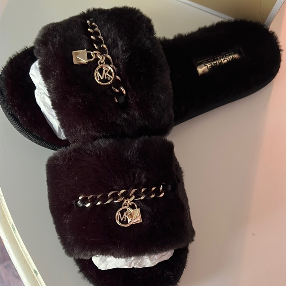 Michael Kors Black Fur Chain Slide Slippers
